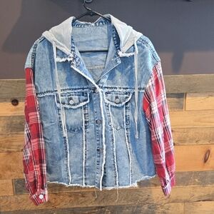 Denim Jacket with Red Plaid Sleeves